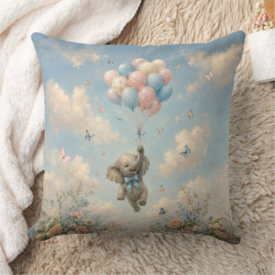 Baby Elephant Floating Balloons Throw Pillow