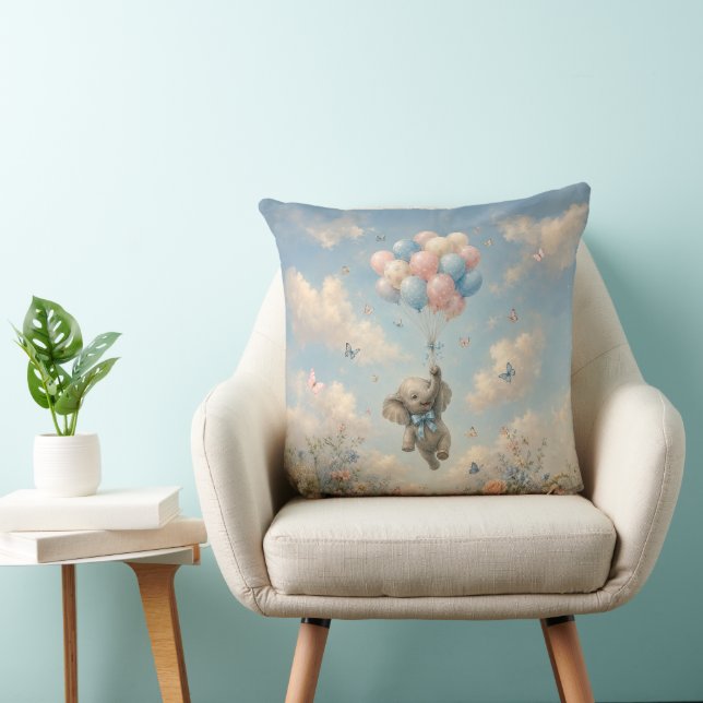 Baby Elephant Floating Balloons Throw Pillow (Chair)