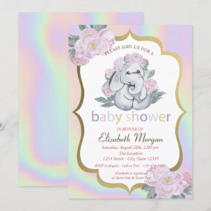 Baby Elephant,Floral,Holographic Baby Shower  Invitation