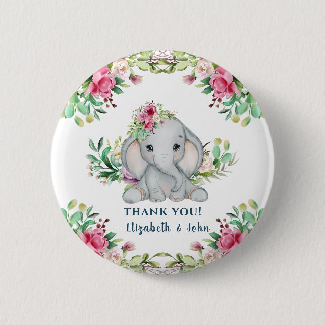  Baby Elephant Flower Baby Shower Thank You Button (Front)