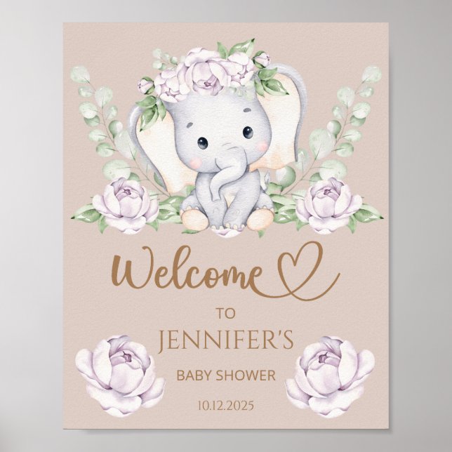 Baby Elephant & Flower Baby Shower Welcome  Poster (Front)