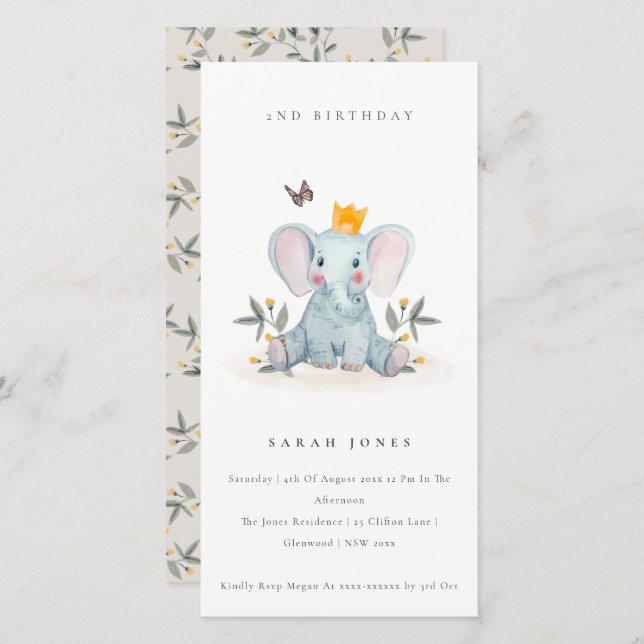 Baby Elephant Foliage Any Age Birthday Invite (Front/Back)