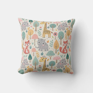 Baby Elephant, Fox & Giraffe Cute Cartoon Animals Throw Pillow