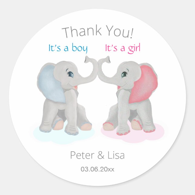 Baby Elephant  Gender Reveal Thank you Classic Round Sticker (Front)