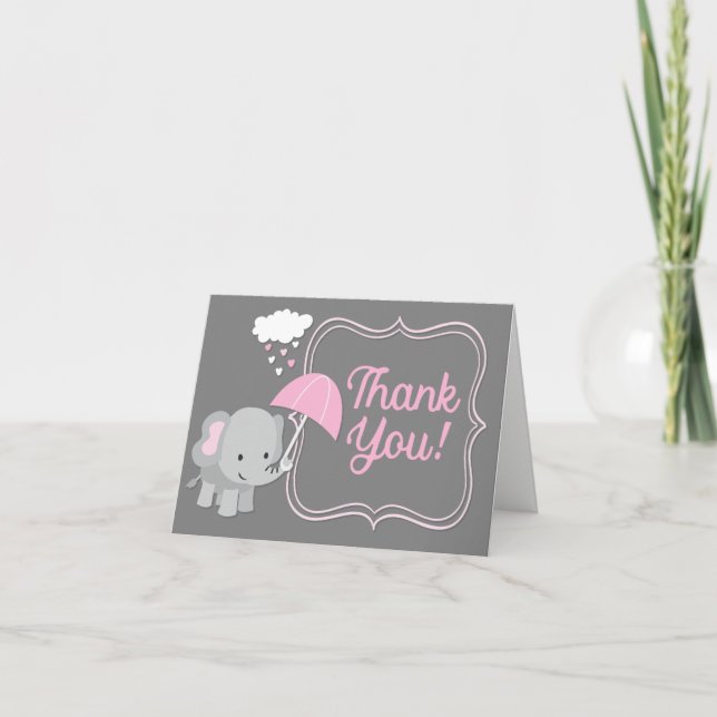 Baby Elephant Girl Baby Shower Pink Thank You Note (Front)