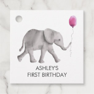 Baby Elephant Girl Birthday Gift Tags, Pink & Grey Favour Tags