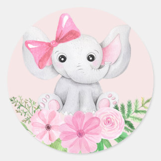 Baby Elephant Girl Birthday Party Sticker Pink