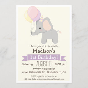 Baby Elephant Girl's Birthday Party Invitation