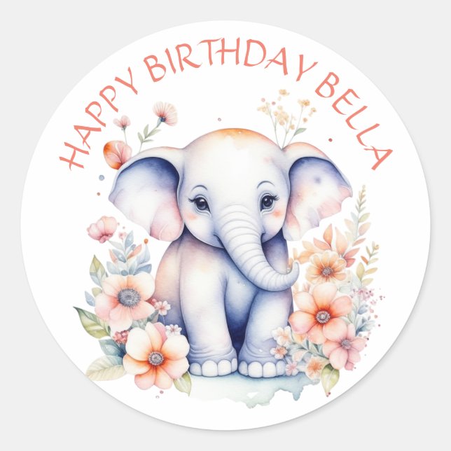 Baby Elephant Girl's Birthday Party Personalized Classic Round Sticker (Front)
