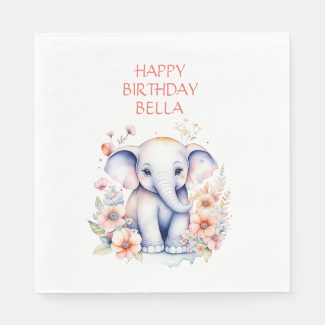 Baby Elephant Girl's Birthday Party Personalized Napkin (Front)