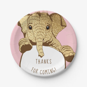 Baby Elephant Gold Pink Paper Plate