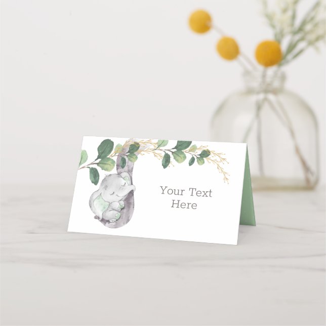 Baby Elephant Green and Gold Watercolor Greenery Place Card (Front)