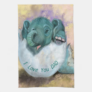 Baby Elephant Hatching From Egg - I Love You DAD Kitchen Towel