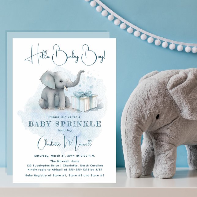 Baby Elephant Hello Baby Boy Blue Baby Sprinkle Invitation (Creator Uploaded)