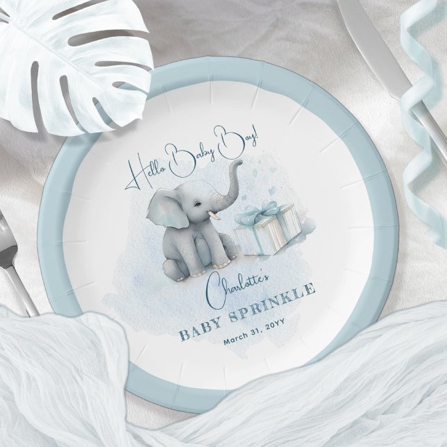 Baby Elephant Hello Baby Boy Blue Baby Sprinkle Paper Plate (Creator Uploaded)