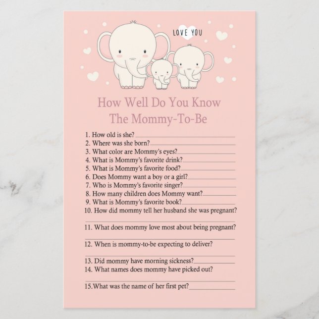 Baby Elephant How well do you know baby showergame (Front)