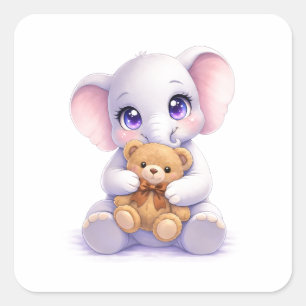 Baby Elephant Hugging Teddy Bear Square Sticker