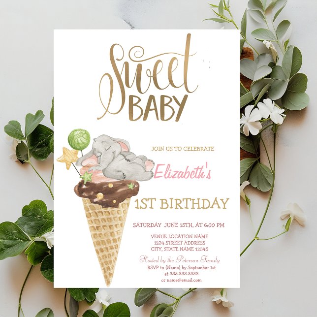 Baby Elephant Ice Cream Striped Birthday  Invitation (Creator Uploaded)