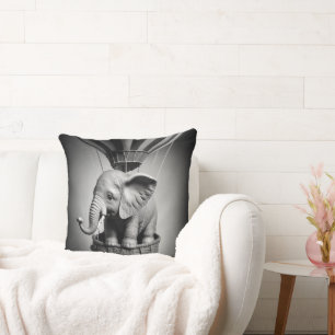 Baby Elephant in a Hot Air Balloon Throw Pillow