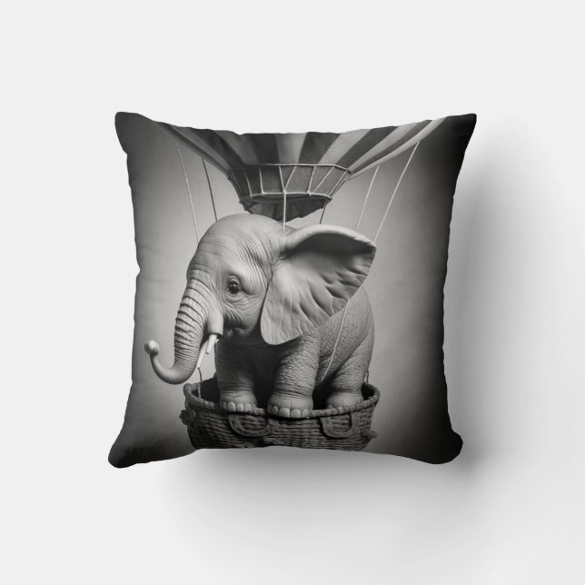 Baby Elephant in a Hot Air Balloon Throw Pillow (Back)