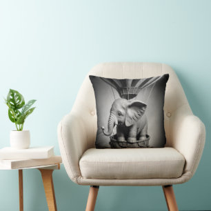 Baby Elephant in a Hot Air Balloon Throw Pillow