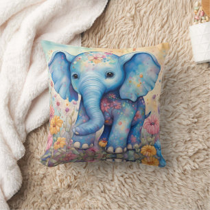 Baby Elephant In a Pastel Garden Throw Pillow