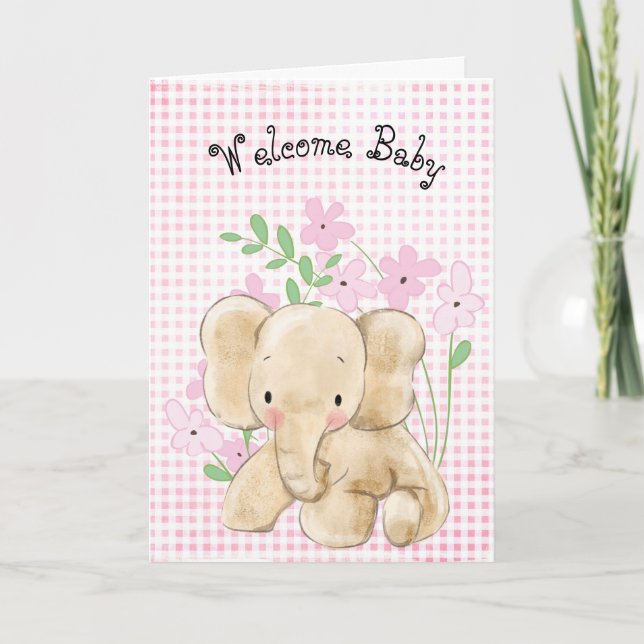 Baby Elephant In Flowers Congratulations Card (Front)