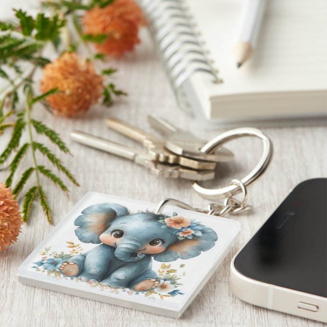 Baby Elephant In Flowers Keychain (Front Right)