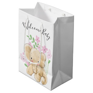 Baby Elephant In Flowers on White Medium Gift Bag