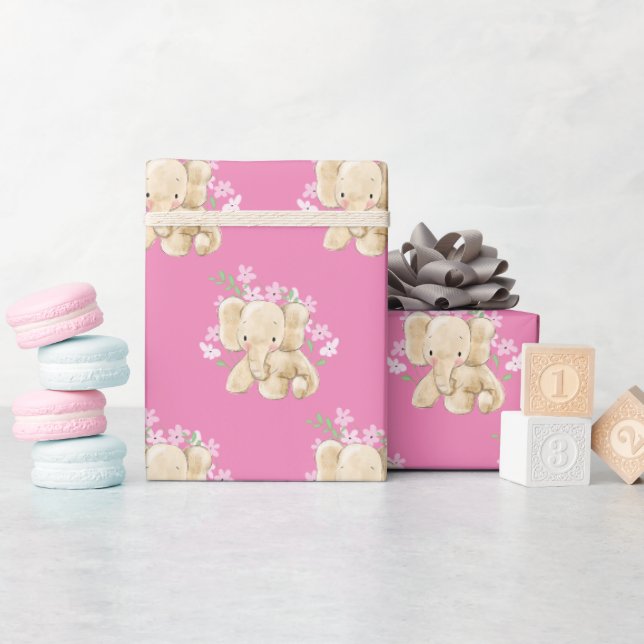 Baby Elephant In Flowers Wrapping Paper (Baby Shower)