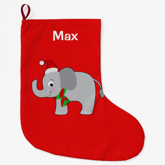 Baby Elephant in Santa Hat and Scarf Large Christmas Stocking (Front)