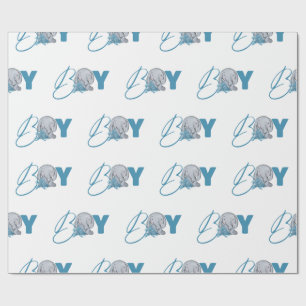 Baby Elephant Jungle Animal Blue Script Nursery Wrapping Paper