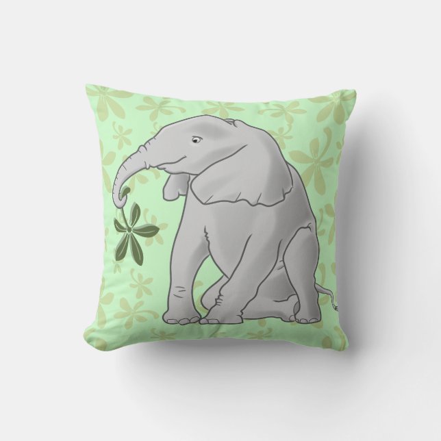 Baby Elephant & Leaf Throw Pillow (Front)