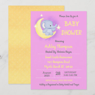 Baby Elephant Moon and Stars Baby Shower Invitation