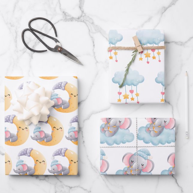 Baby Elephant Moon Cloud Stars Hearts Cute Wrapping Paper Sheet (Front)