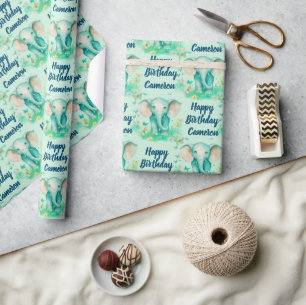 Baby Elephant Neutral Personalized Birthday Wrapping Paper