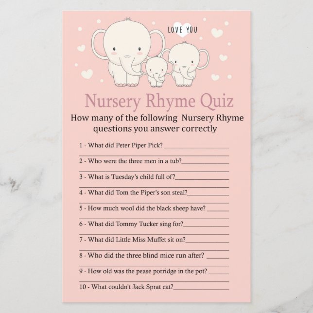 Baby Elephant Nursery Rhyme Quiz baby shower game (Front)