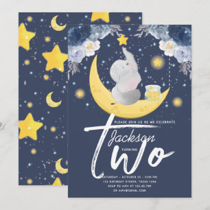 Baby Elephant on Moon Second Birthday Invitation