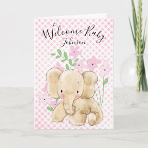 Baby Elephant On Pink Gingham Card