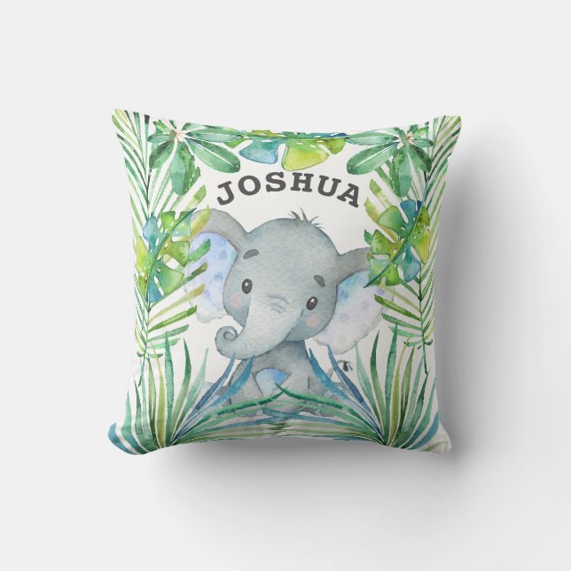 Baby Elephant Personalized Boy Jungle Safari Cute Throw Pillow (Front)