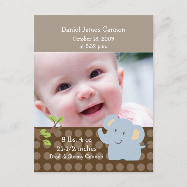 Baby Elephant PHOTO Birth Announcement Custom Postcard (Front)