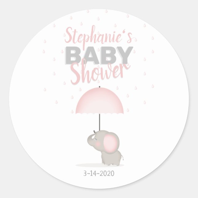 Baby Elephant Pink Baby Shower Classic Round Sticker (Front)