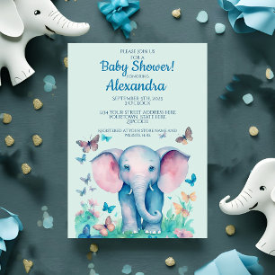 Baby Elephant Pink Boys Baby Shower Invitation