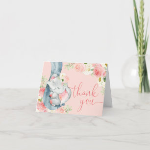 Baby elephant pink cream floral watercolors thank you card