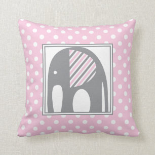Baby Elephant   Pink & Grey Polka Dots Stripes Throw Pillow
