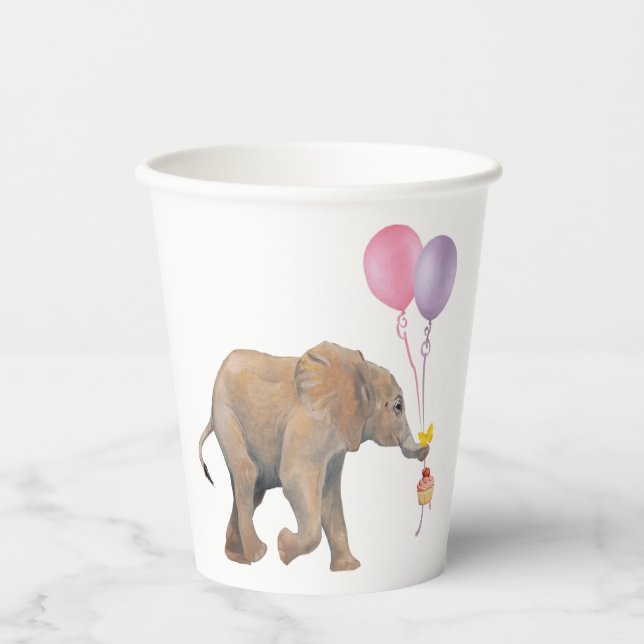 Baby Elephant pink & violet balloon Set x16 Paper Cups (Front)