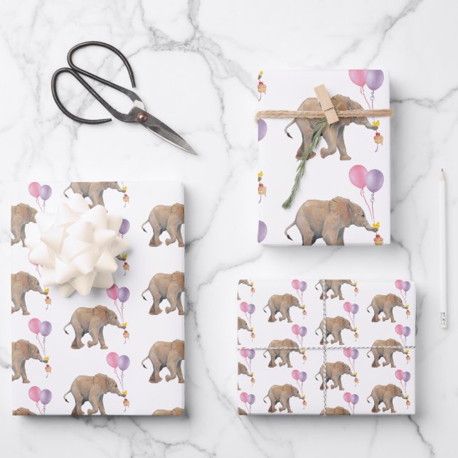 Baby Elephant pink & violet balloon Set x3 Wrapping Paper Sheet (Front)
