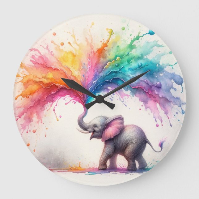 Baby Elephant Plays in Paint Large Clock (Front)