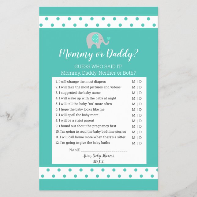 Baby Elephant Polka Dots Mommy or Daddy Game Flyer (Front)