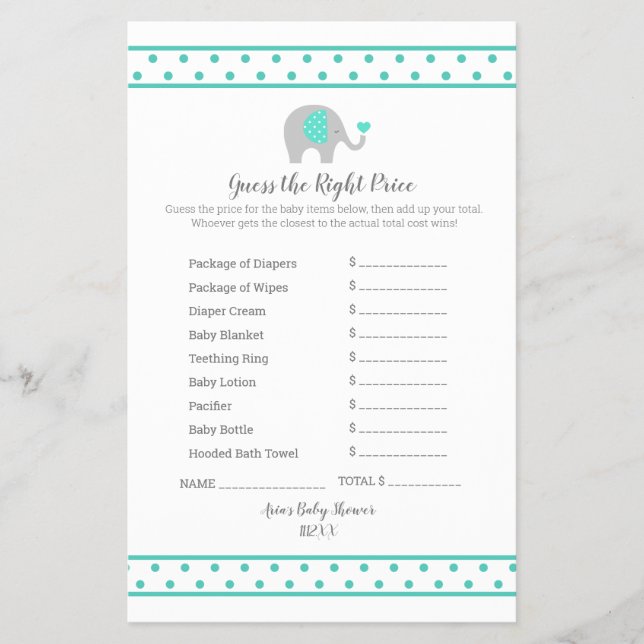 Baby Elephant Polka Dots on White Guess The Price Flyer (Front)